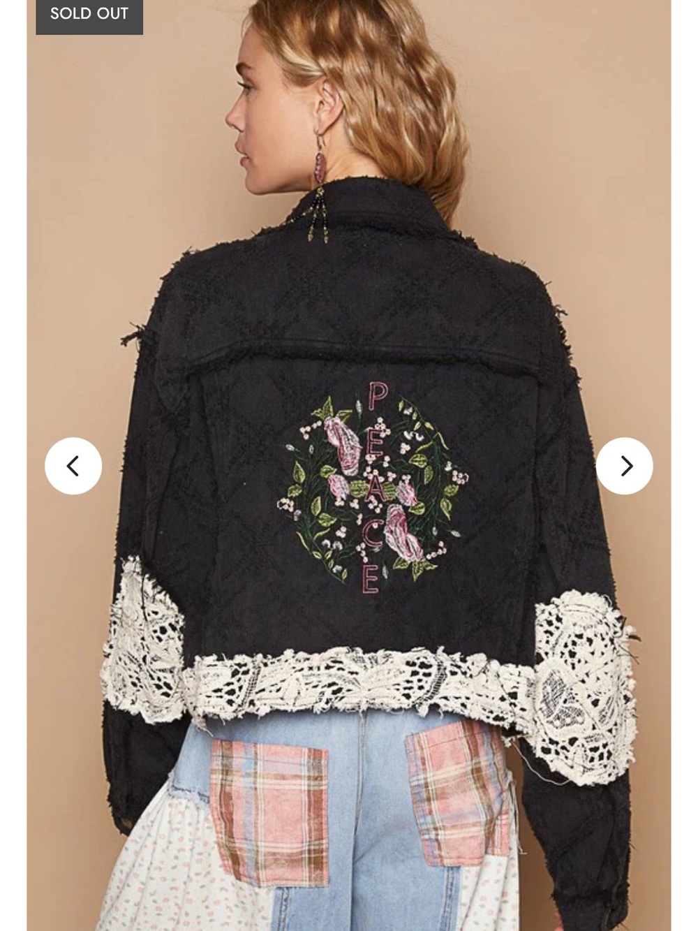 POL Crochet Patch Embroidered Button Up Jacket, Size Medium.